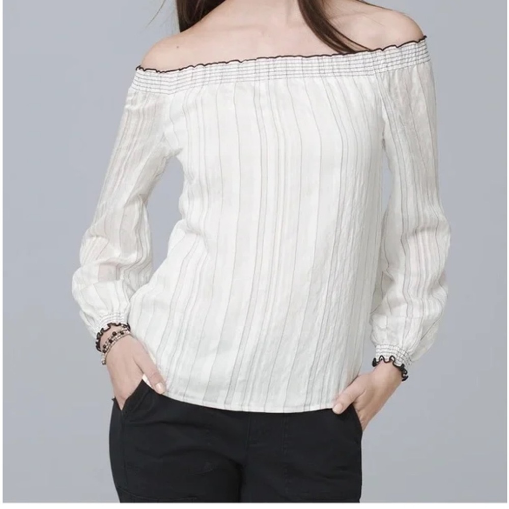 White House Black Market Off-The-Shoulder Stripe Blouse White and Black